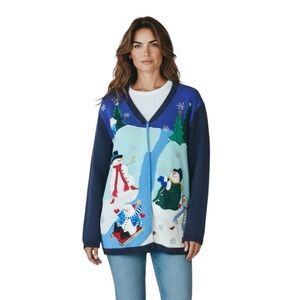 Quacker Factory Snowman Embellished Button Up Cardigan